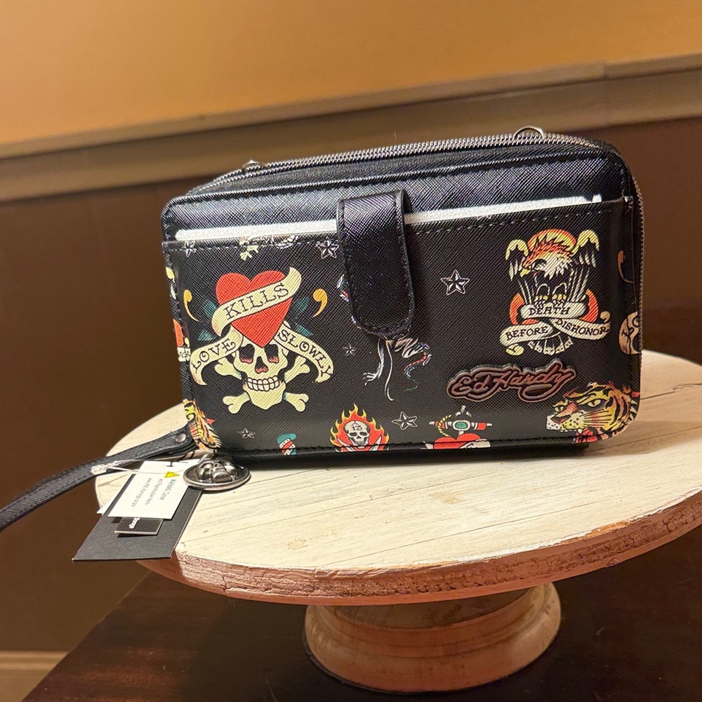Ed Hardy Y2K Tattoo Skulls Print Vegan Leather Wallet  Wristlet NWT Add a Strap